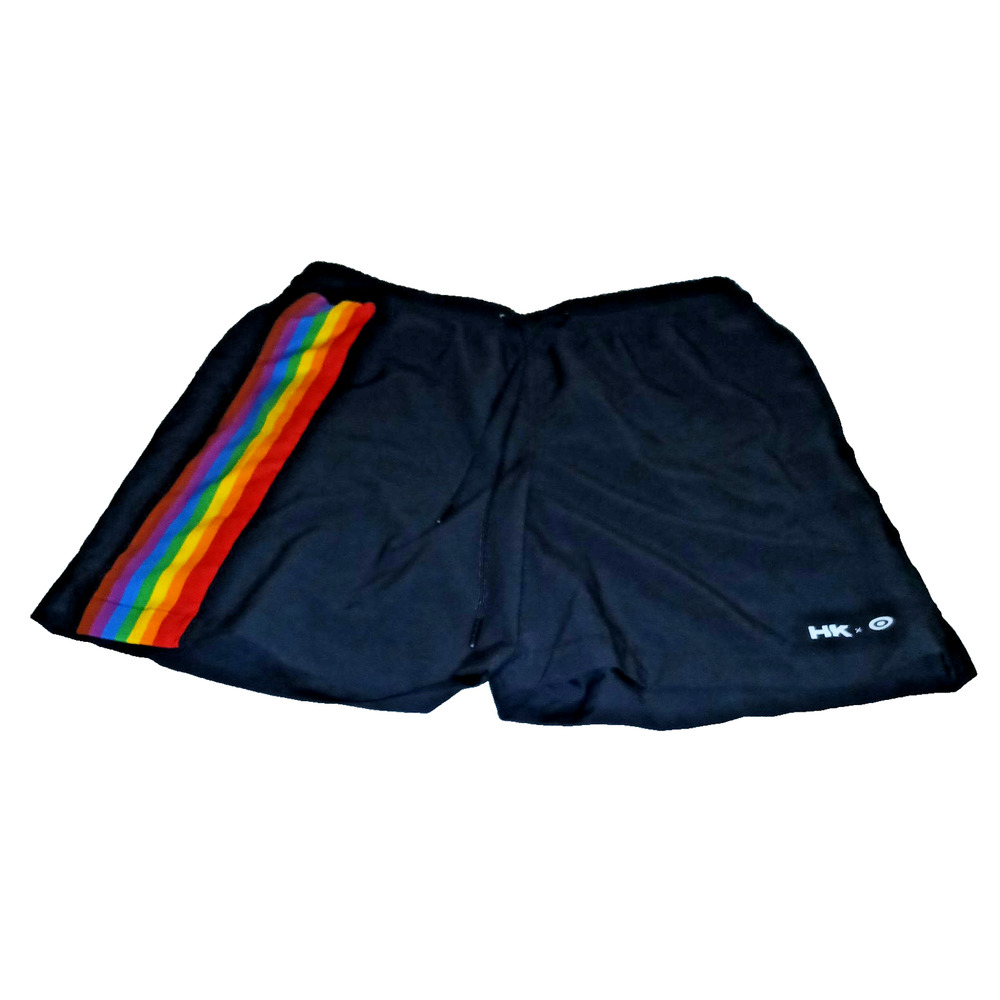 Humankind Unisex Pride Swim Shorts Black Rainbow Side Stripe LGBTQ+ Side Pockets